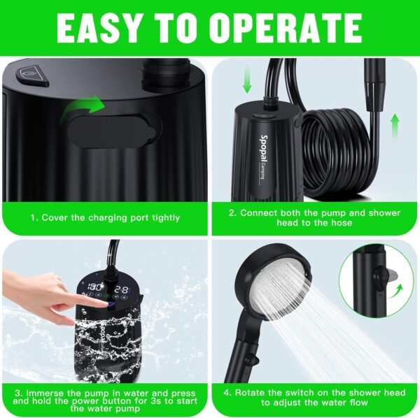 Portable Camping Shower - 10000mAh Rechargeable, 5-Speed, IPX8 Waterproof, LED Display Camp Shower Pump- Perfect for Hiking, Travel, Cars & Pets - Image 6