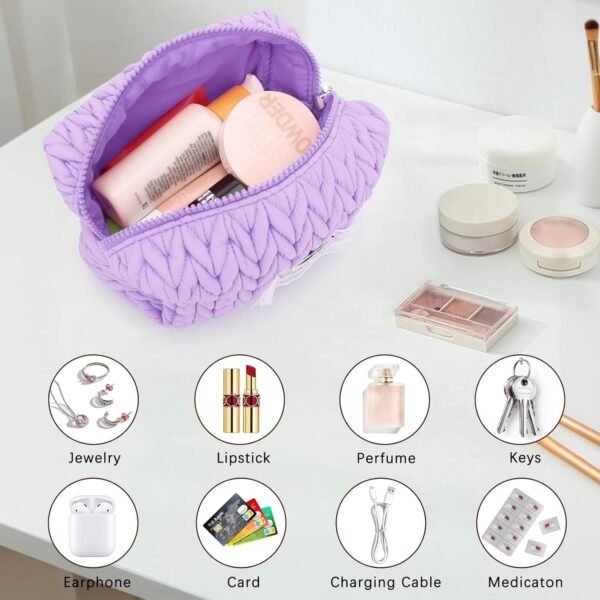 DOB SECHS Small Quilted Makeup Bag Puffer Cosmetic Bag with Handle, Cotton Woven Puffy Toiletry Bag for Women, Cute Mini Makeup Pouch for Purse Quilted Travel Essentials Organized Pouch, Purple - Image 5