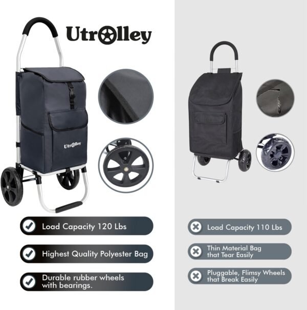 Ultra-Lightweight Black Foldable Shopping Cart for Groceries - Large 42L Capacity Soft Rolling Wheels, Removable Bag, Multi-Function Personal Hand Truck - Image 8