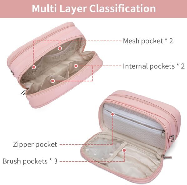 Makeup Bag for Women, Wide-open Makeup Organizer with Makeup Brush Holder, Waterproof Cosmetic Bag with Compartment, Portable Travel-Size Toiletry Bag for Traveling, Large Make Up Bag (Pink) - Image 4