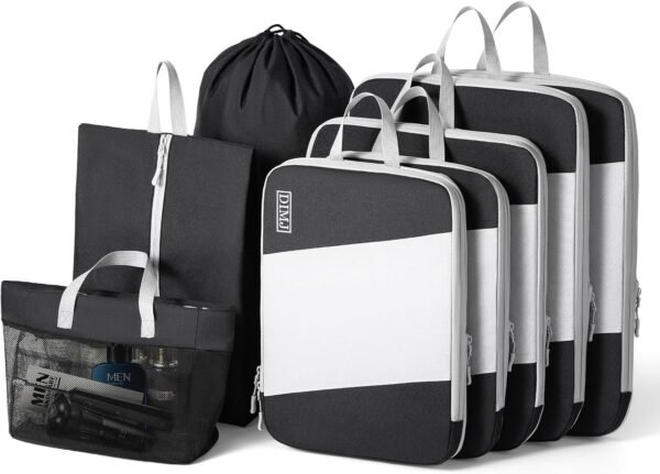 Packing Cubes for Travel, DIMJ Large Capacity Compression Packing Cubes Sturdy Compression Packing Cubes Travel, Packing Cubes for Suitcases with Mesh Toiletry Bag, 8 Pack, White and Black, YSYLZ001