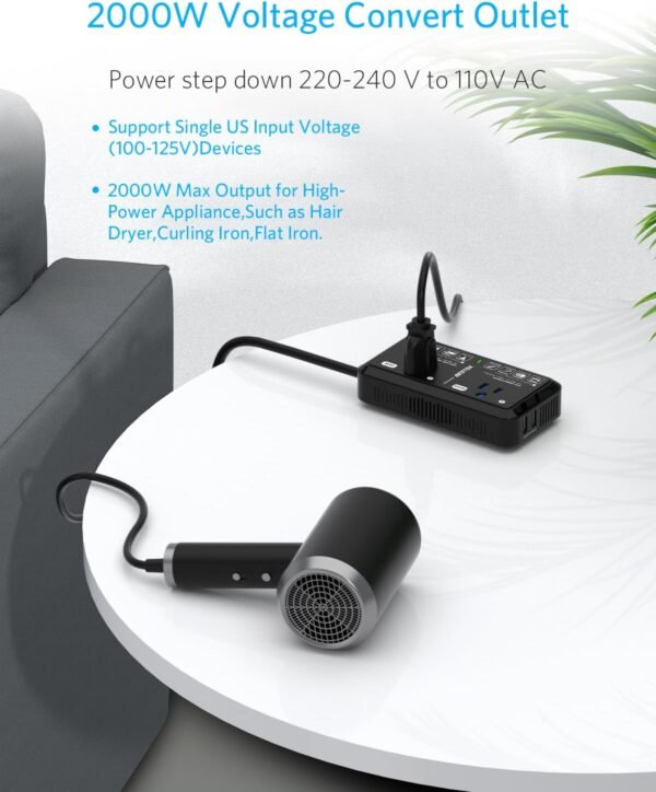 Universal Travel Adapter 220V to 110V Voltage Converter US to Europe 2000W Travel Voltage Converter with 2 USB Ports and EU/UK/AUS Plug Adapter for Hair Dryer/Curling Iron (Black) - Image 4