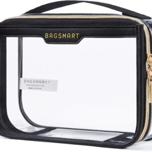 BAGSMART TSA Approved Toiletry Bag, Clear Travel Toiletry Bag, Makeup Cosmetic Pouch Bag for Women Quart Size Compliant Bag Organizer for Travel Essentials (Black Pack of 1,)