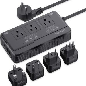 220 to 110 Voltage Converter US to Europe for Hair Dryer & Kettle – 7-in-1 Power Converter Adapter Combo with 3 AC Outlets + 4 USB Ports & EU/UK/IT/AU Plugs. Ultimate Converter for Travel (Black)