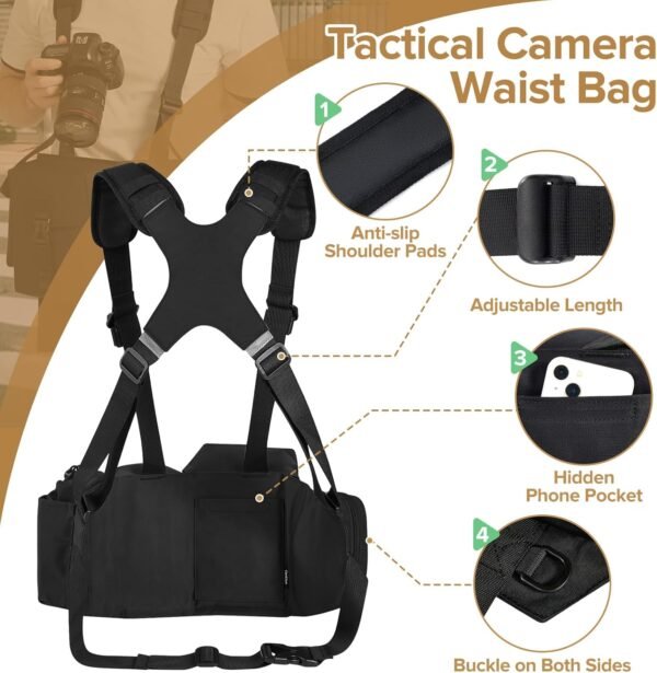 Camera Strap Chest Pack Waterproof Multifunctional Camera Bag Vest Waist Pack Adjustable Strap Suitable for Storing DSLR Camera Body Lens Smartphone Water Bottle(Black) - Image 2
