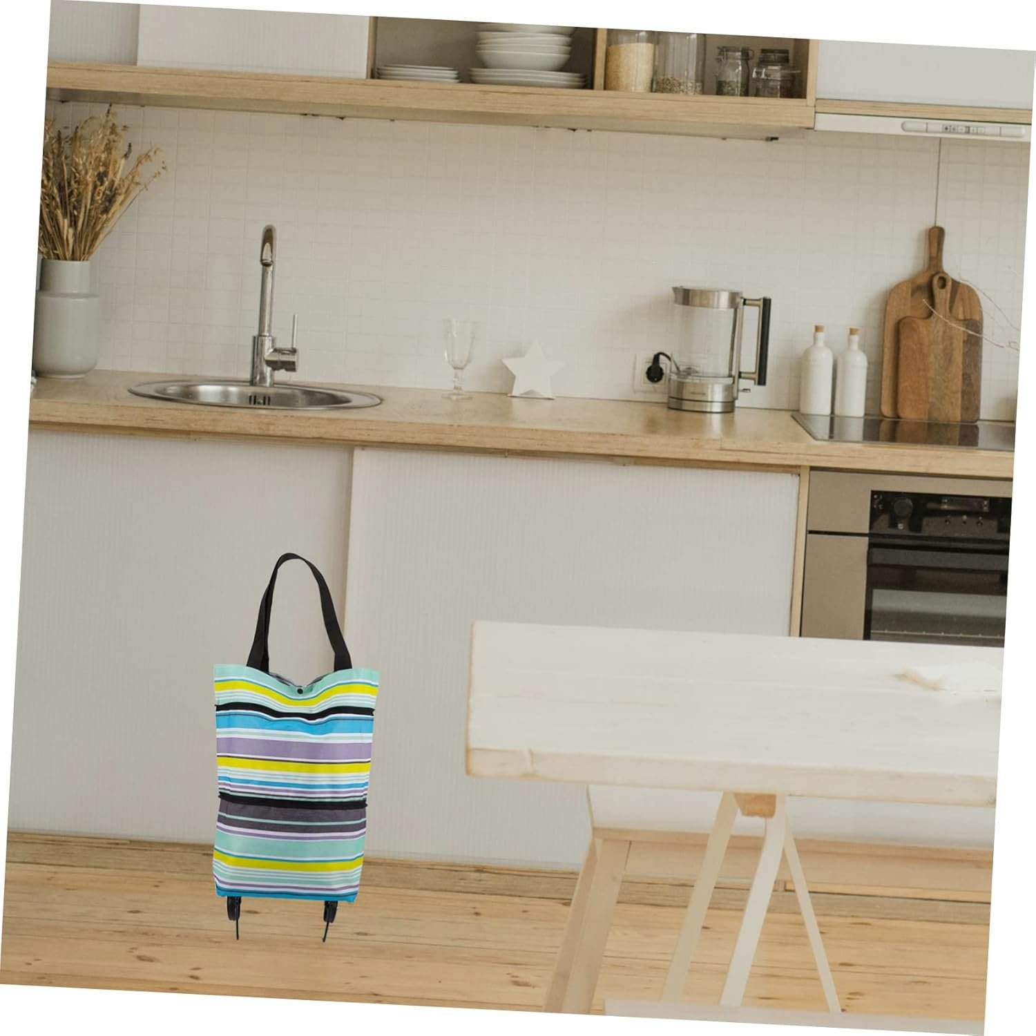 jojofuny Adjustable Handle Foldable Grocery Trolley Bag with Wheels Reusable Shopping Pouch for Travel and Laundry Portable Cart Bag for Daily Groceries and Use Blue Stripe - Image 5