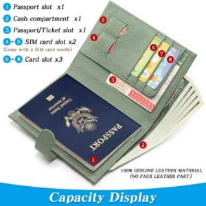 Passport Holder Travel for Women Genuine Leather Passport Wallet with Card Slots, Zipper Coins Pocket, Cash Holder, Green