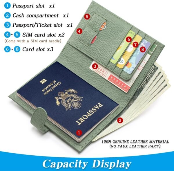 Passport Holder Travel for Women Genuine Leather Passport Wallet with Card Slots, Zipper Coins Pocket, Cash Holder, Green - Image 2
