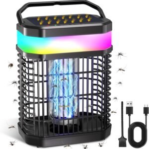 Solar Bug Zapper Outdoor 4000V Mosquito Zapper Solar 2IN1 Bug Repellent Outdoor Patio with 5500mAh Battery&LED,Electric Fly Zapper with Hook,Cordless&Rechargeable Mosquito Repellent for Patio Camping