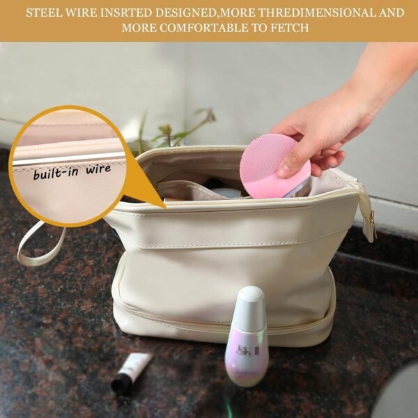 Abiudeng Large Capacity Makeup Bag Ladies Cosmetic Bag Travel Bag with Compartments Portable PU Leather Travel Makeup Bag with Handle - Image 3