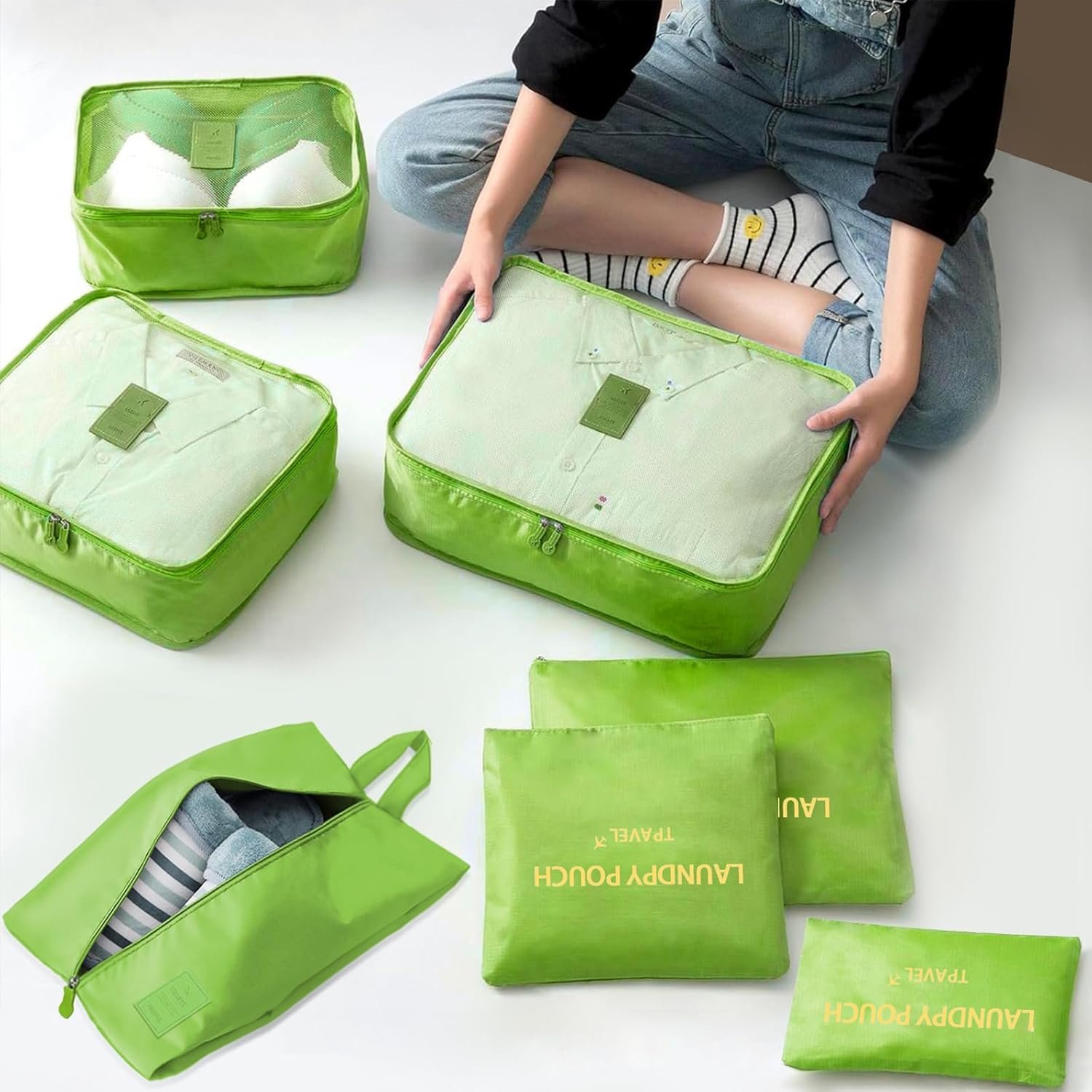 7 Set Packing Cubes for Travel Luggage Packing Bags Reusable Waterproof Suitcase Organizer Bags Set with Shoe Bag and Toiletry Bag (Green) - Image 5