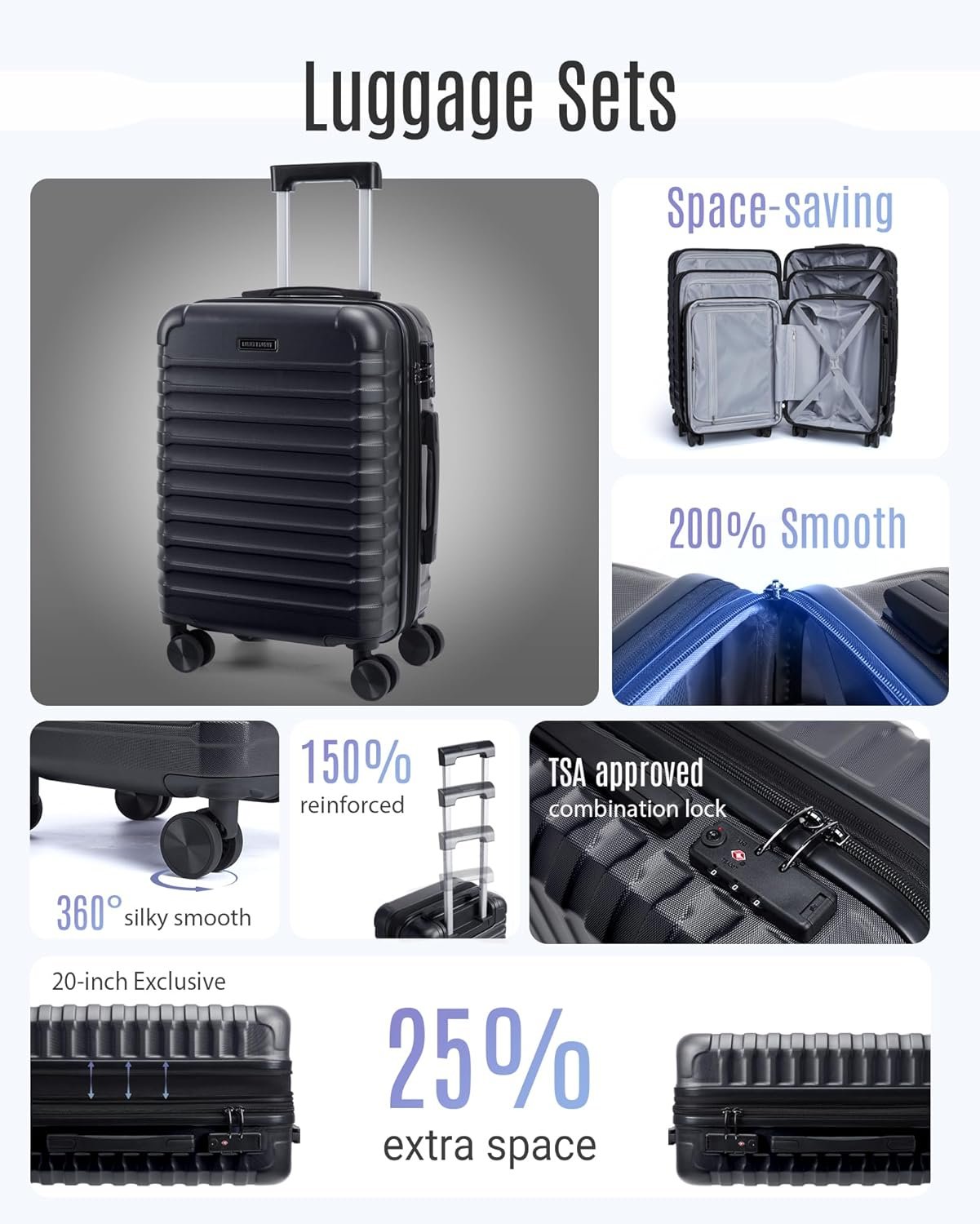 LIGHT FLIGHT Luggage Sets, 3 Piece Durable Suitcase Set with Spinner Wheels, 3 Pcs Hardside Lightweight luggage with TSA Lock, Large Checked Travel Suitcases, 20/24/28 Inch, Black - Image 3