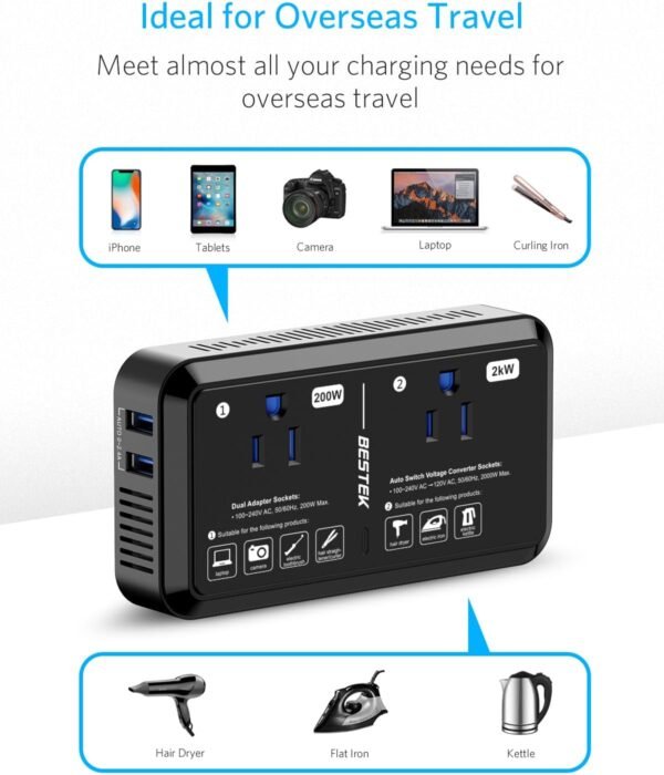 Universal Travel Adapter 220V to 110V Voltage Converter US to Europe 2000W Travel Voltage Converter with 2 USB Ports and EU/UK/AUS Plug Adapter for Hair Dryer/Curling Iron (Black) - Image 5