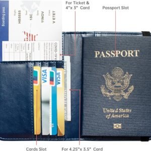 Passport Holder and Card Slot Combo RFID Blocking Leather Travel Passport Wallet for Men and Women US Passport Cover, Blue