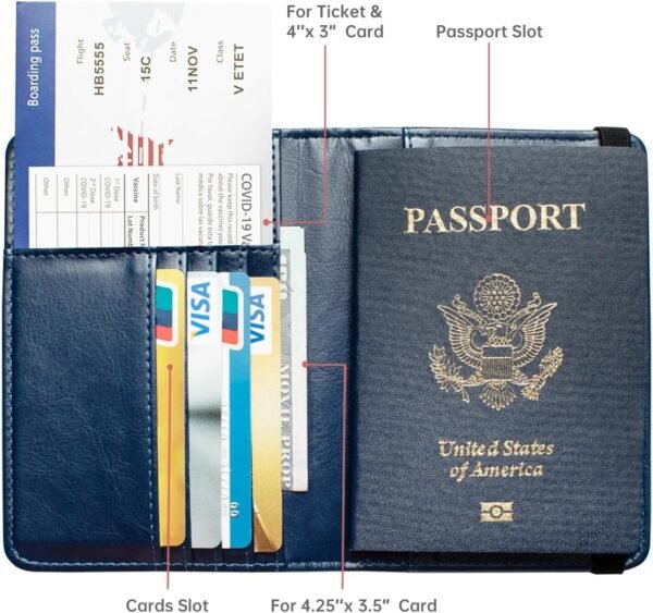 Passport Holder and Card Slot Combo RFID Blocking Leather Travel Passport Wallet for Men and Women US Passport Cover, Blue - Image 2
