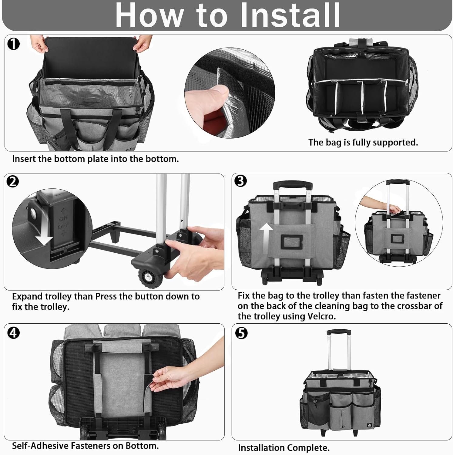 Extra large Rolling Cleaning caddy bag with Detachable, Foldable Trolley Portable Cleaning Cart for Housekeeping Cleaning caddy with Adjustable Shoulder Strap and Multiple Storage Pockets - Image 7