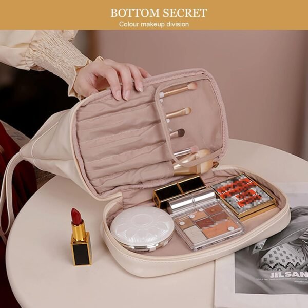 Abiudeng Large Capacity Makeup Bag Ladies Cosmetic Bag Travel Bag with Compartments Portable PU Leather Travel Makeup Bag with Handle - Image 5