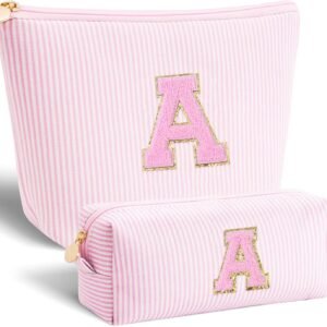 Makeup Bag Set Initials Cosmetic Bag,Birthday Teacher Graduation Gifts for 10 11 12 13 14 15 16 17 18 Years Old Girl,Teen Girls Gift Trendy Stuff Toiletry Bag Travel – Pink,A