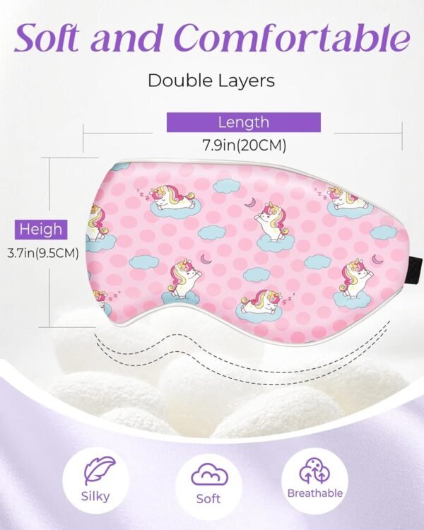 Sleep Mask for Kids - Cute Cartoon Silk Eye Mask for Sleeping with Adjustable Strap Soft Smooth Light Silk Kids Eye Cover for Boys Girls Teens, Sleeping Unicorns - Image 3