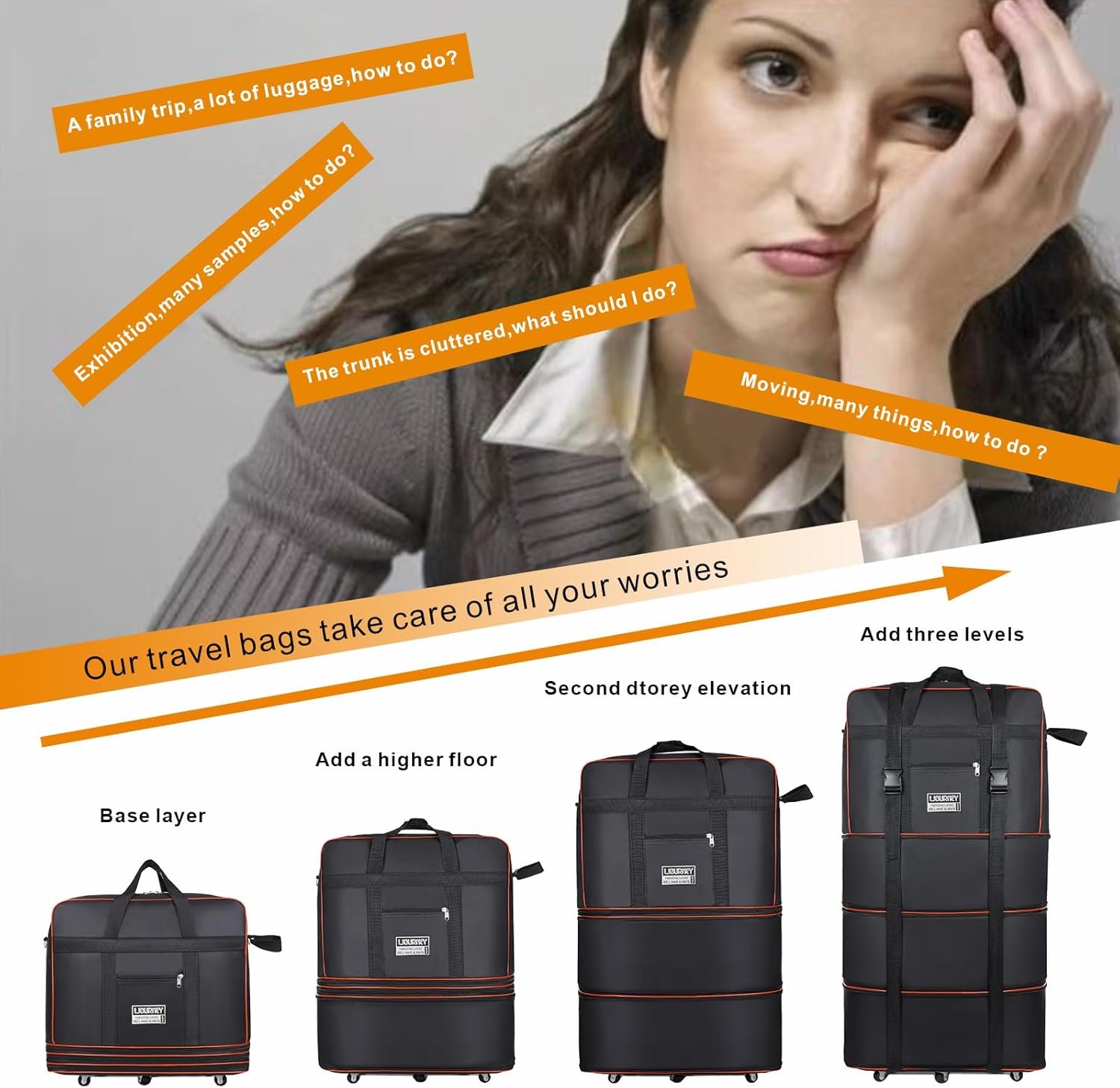 Expandable Large Capacity Travel Bag Oxford Cloth Duffel Bag with Wheels Lightweight Waterproof Travel Foldable Suitcase(Black) - Image 3