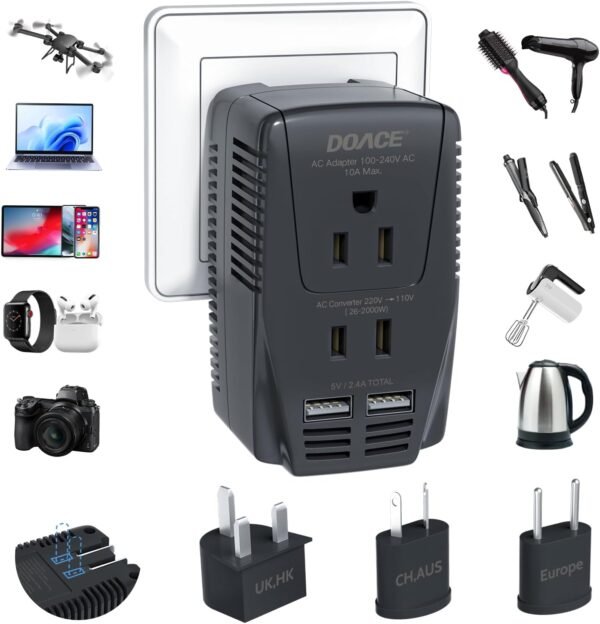DOACE 2000W Voltage Converter US to Europe - 220V to 110V Converter for European Travel for Hair Dryer Straightener Curling Iron, 2300W Travel Power Adapter for Laptop Tablet Camera Cell Phone