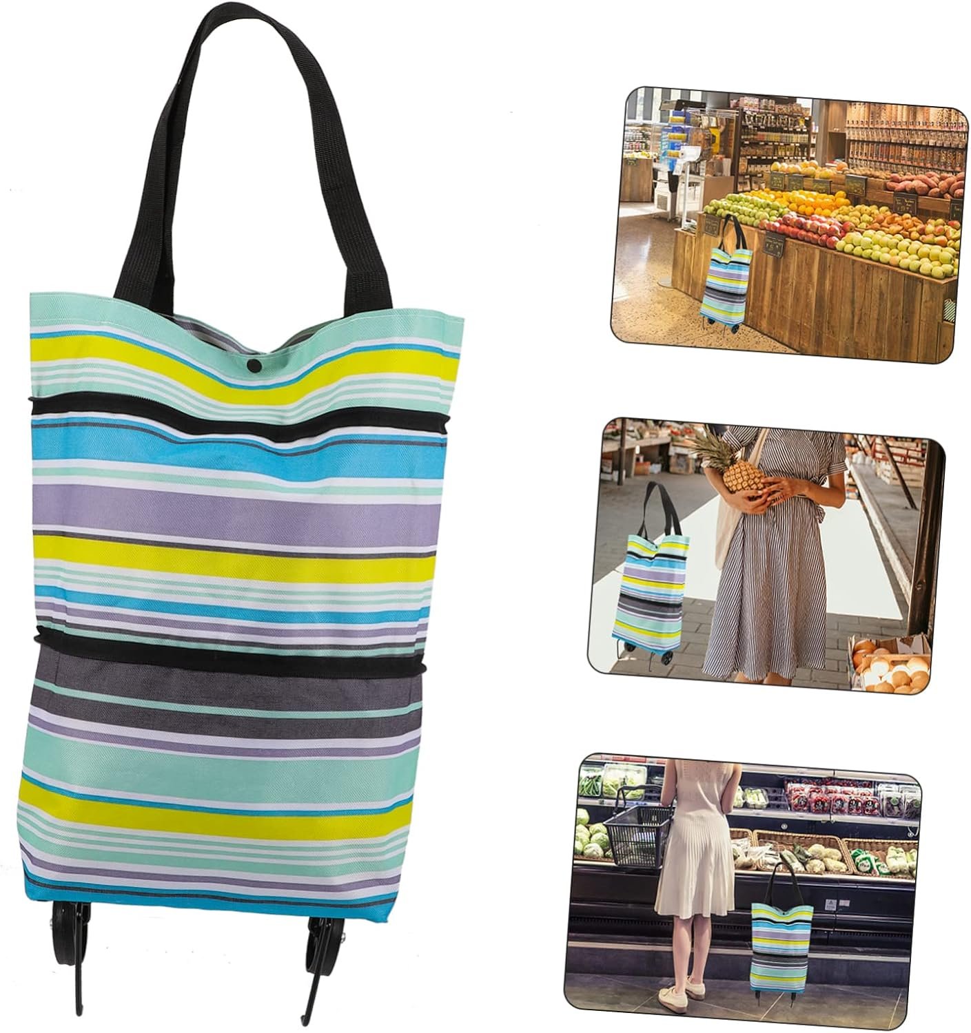 Foldable Grocery Shopping Trolley Bag with Adjustable Handle Large Capacity Market Bag with Wheels for Groceries Laundry and Books Portable Collapsible Shopping Cart Tote - Image 4