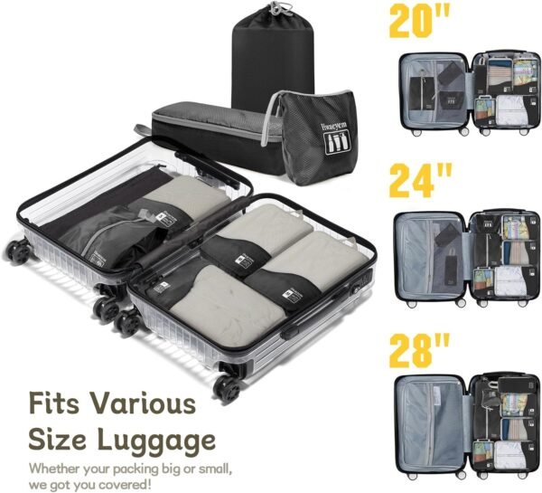 Compression Packing Cubes 8 Set, Dual Zipper Compression Packing Cubes for Travel, See-Through Mesh Packing Bags for Suitcases, packing cubes with shoe bag (Black) - Image 9