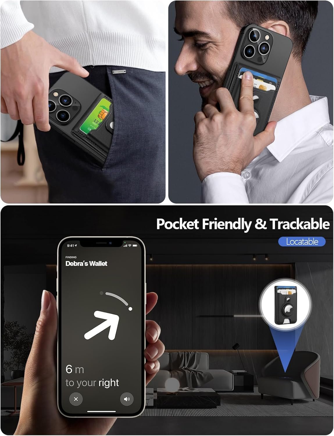 for Magsafe Wallet with Airtag Holder, Magnetic Wallet for iPhone 16/15/14/13/12 Series, 6 Cards Holder, ID Window, Adjustable Stand, Magnetic Phone Wallets, Leather RFID for iPhone Wallets, Black - Image 2