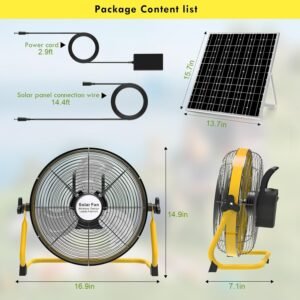 Upgraded 14 Inch Outdoor Solar Powered Floor Fan Rechargeable,15000mAh Battery Portable Cordless Fan with Solar Panel AC Charger,12 Speeds Blades Table Fan for Camping, Garage, BBQ, Fishing (Yellow)