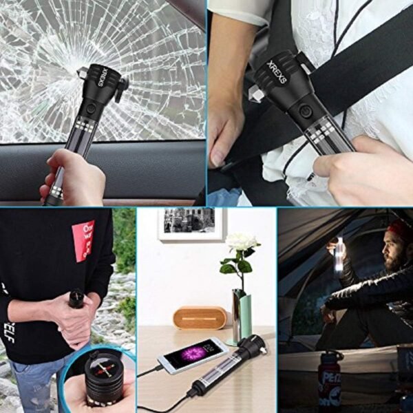 XREXS Solar Powered LED Car Flashlight Multi-Function Solar Escape Rescue Flashlight, USB Charger and Solar Charger, Portable Flashlight for Hiking, Camping, Traveling - Image 4
