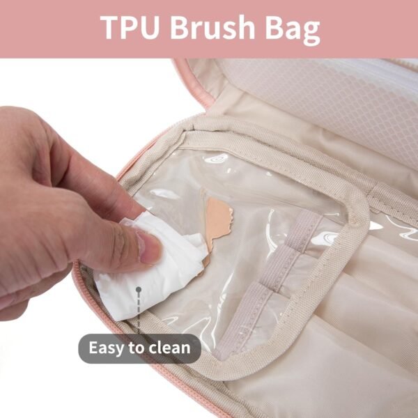 Makeup Bag for Women, Wide-open Makeup Organizer with Makeup Brush Holder, Waterproof Cosmetic Bag with Compartment, Portable Travel-Size Toiletry Bag for Traveling, Large Make Up Bag (Pink) - Image 6