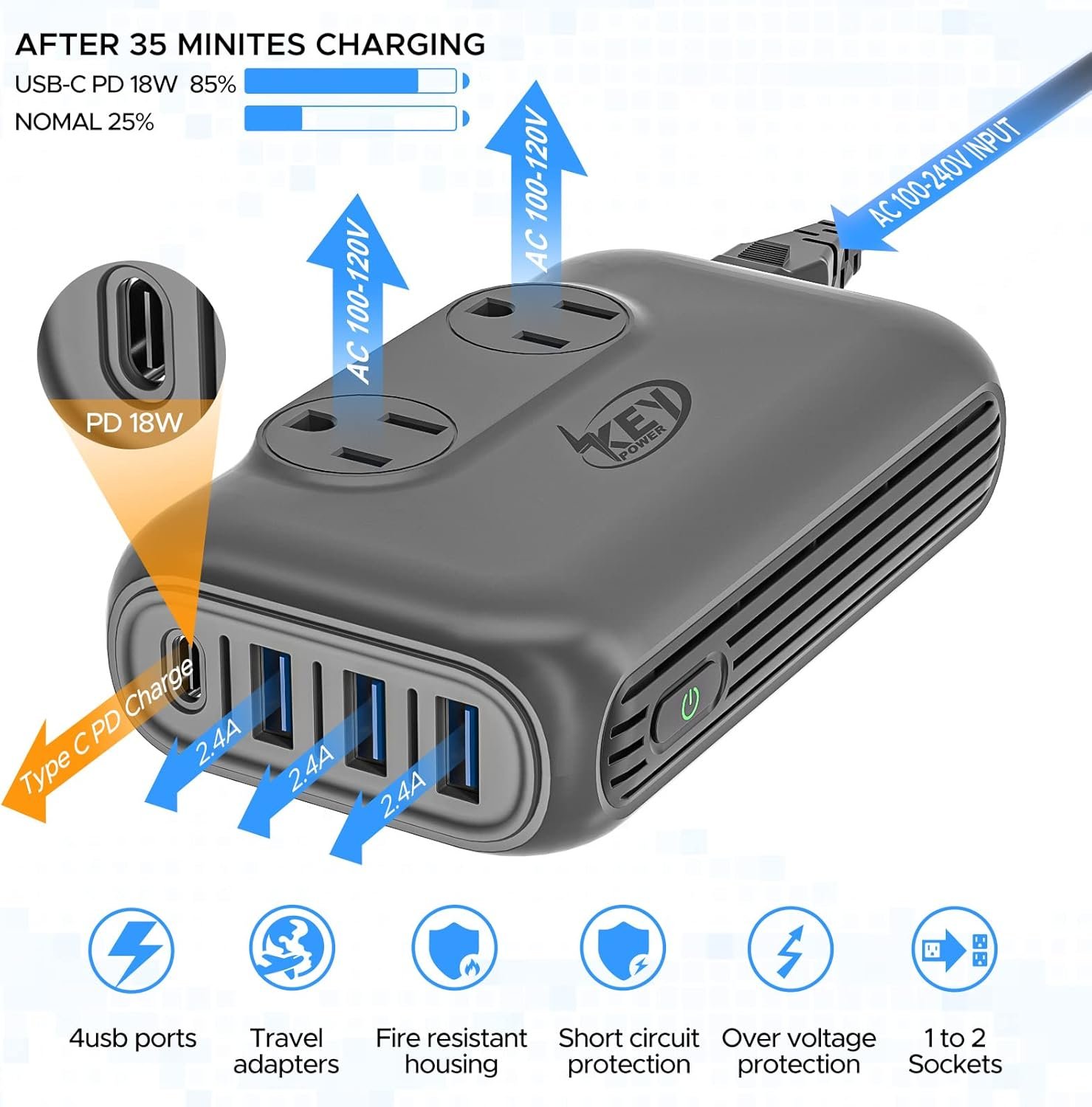 220V to 110V Converter, Key Power 230-Watt Step Down Voltage Converter & Power Converter, International Travel Power Adapter with USB C Port 18W. - Image 3
