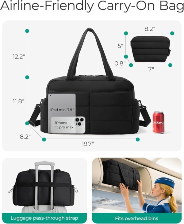 BAGSMART Gym Bag for Women with Toiletry Pouch, Lightweight Weekender Bags for Women with Wet Pocket, 31L Quilted Travel Duffle Carry On Bag, Weekender Overnight Bag for Travel,Water Resistant,Black - Image 4