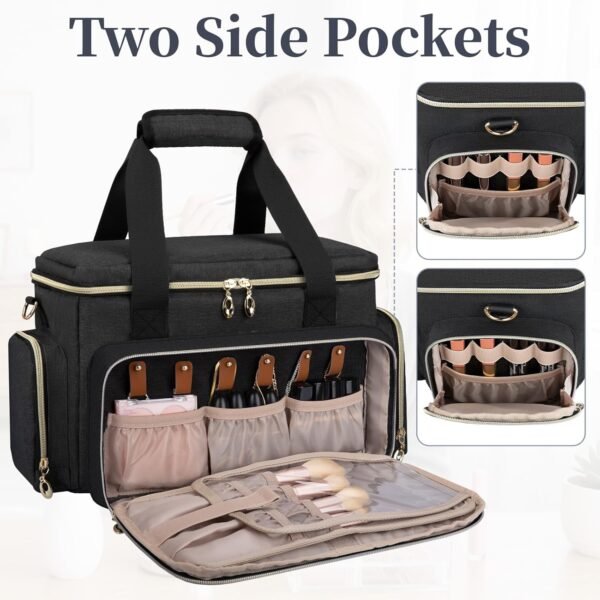 Large Makeup Bag, Portable Travel Makeup Bag Organizer for Women Girls with 2 Removable Pouches & Detachable Dividers, Cosmetic Travel Bag, Toiletry Bag for Makeup and Hair Supplies Black - Image 6