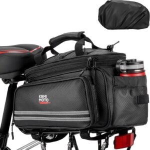 KEMIMOTO 20L Bike Bag Rear Rack with Waterproof Rain Cover, Carbon Leather Bike Trunk Bag Pannier Handbag for Bicycle, Ebike, Storage Cargo Mountain Road Bike Commuter