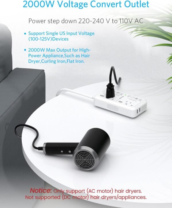 European Travel Plug Adapter 220V to 110V Voltage Converter US to Europe 2000W Electric Hair Dryer Step Down Outlet Converters for Europe Countries (White) - Image 3