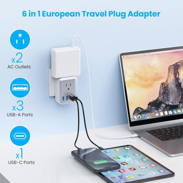 European Travel Plug Adapter, 45W International Power Plug With 2 AC Outlets, 1 USB-C and 3 USB-A Ports, 6-in-1 Type C Power Adapter Charger for US to Most of Europe EU Spain Italy France Germany - Image 3