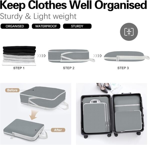 Compression Packing Cubes for Travel,Waterproof Packing Compression Cubes for Travel Packing Organizers,Luggage Cubes for Packing,Ultralight Expandable Packing Cubes Compression (Grey 5 Pack) - Image 2