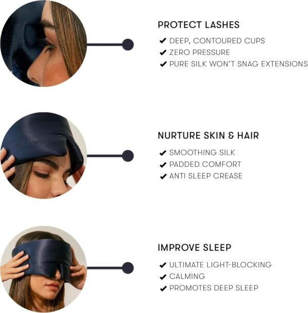 DROWSY Eyelash Protecting Silk Sleep Mask for Natural Lashes & Extensions. Deep Eye Cups, Zero Pressure, Total Blackout, Full Wraparound (Midnight Blue) - Image 3