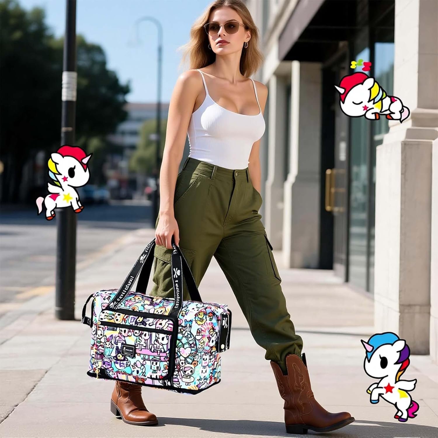 Tokidoki Unicorno Foldable Duffle Bag for Travel, 40L Expandable Weekender Bags with Trolley Sleeve Overnight Bags for Travelling (Colorful) - Image 2