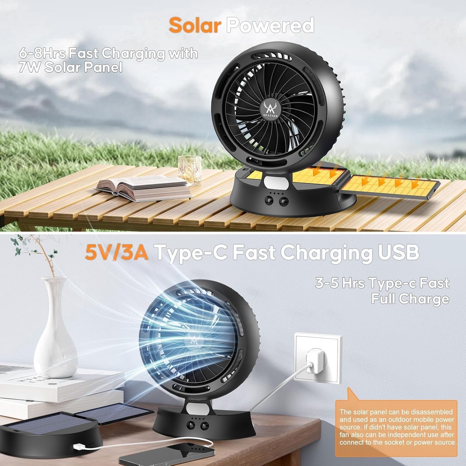 Rechargeable Solar Fan Outdoor for Camping - 10400mAh Battery Operated Fans Solar Portable Tent Fan for Greenhouse,LED Lantern,4 Speeds with PowerBank for Car,Ship,Carnival - Image 5