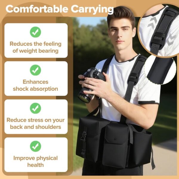 Camera Strap Chest Pack Waterproof Multifunctional Camera Bag Vest Waist Pack Adjustable Strap Suitable for Storing DSLR Camera Body Lens Smartphone Water Bottle(Black) - Image 3