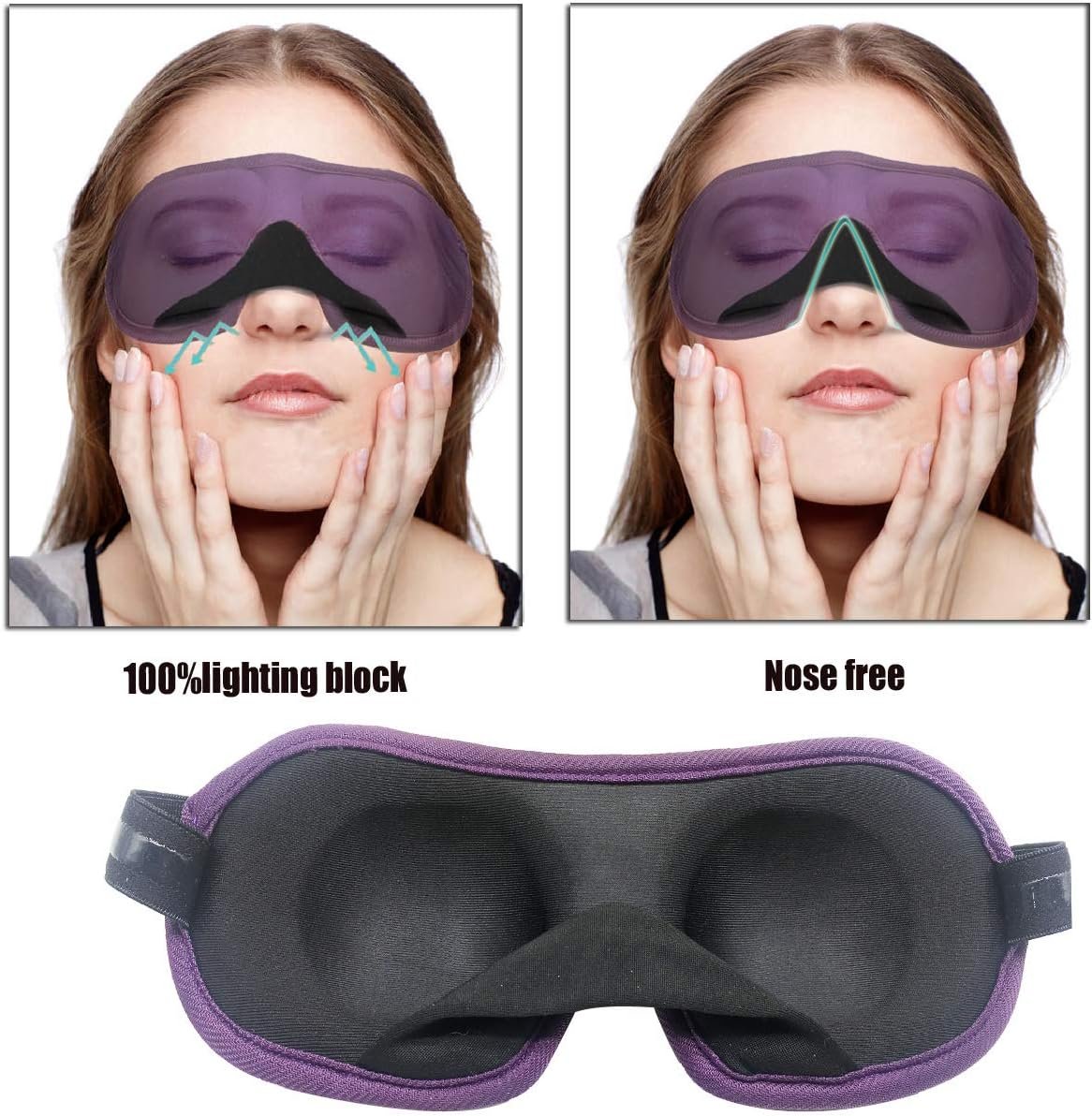 3D Eye mask for Sleeping,Machine Washable, Sleep Mask for Women, Blinder Blindfold Airplane (Black+Purple) - Image 2