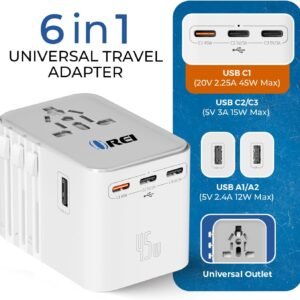 OREI 45Watt Universal Travel Adapter | 3X USBC 2XUSB A – 6-in-1 Universal Power Adapter | Universal Chargers for All Devices Compatible 150+ Countries | Type C, A, G, I Compatible