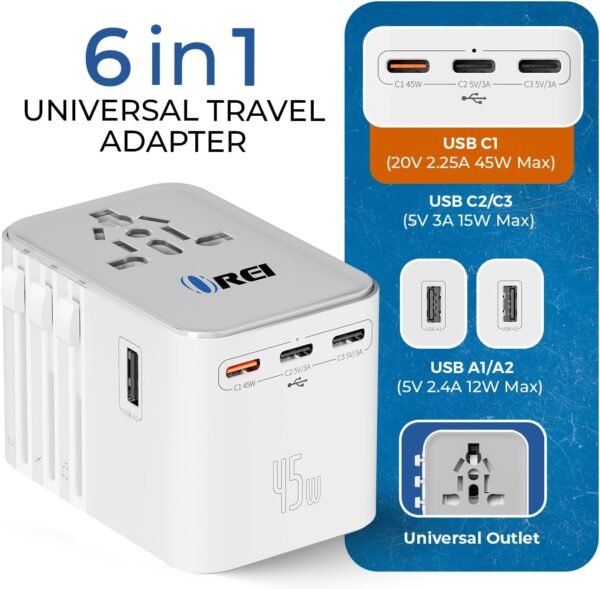OREI 45Watt Universal Travel Adapter | 3X USBC 2XUSB A - 6-in-1 Universal Power Adapter | Universal Chargers for All Devices Compatible 150+ Countries | Type C, A, G, I Compatible - Image 2