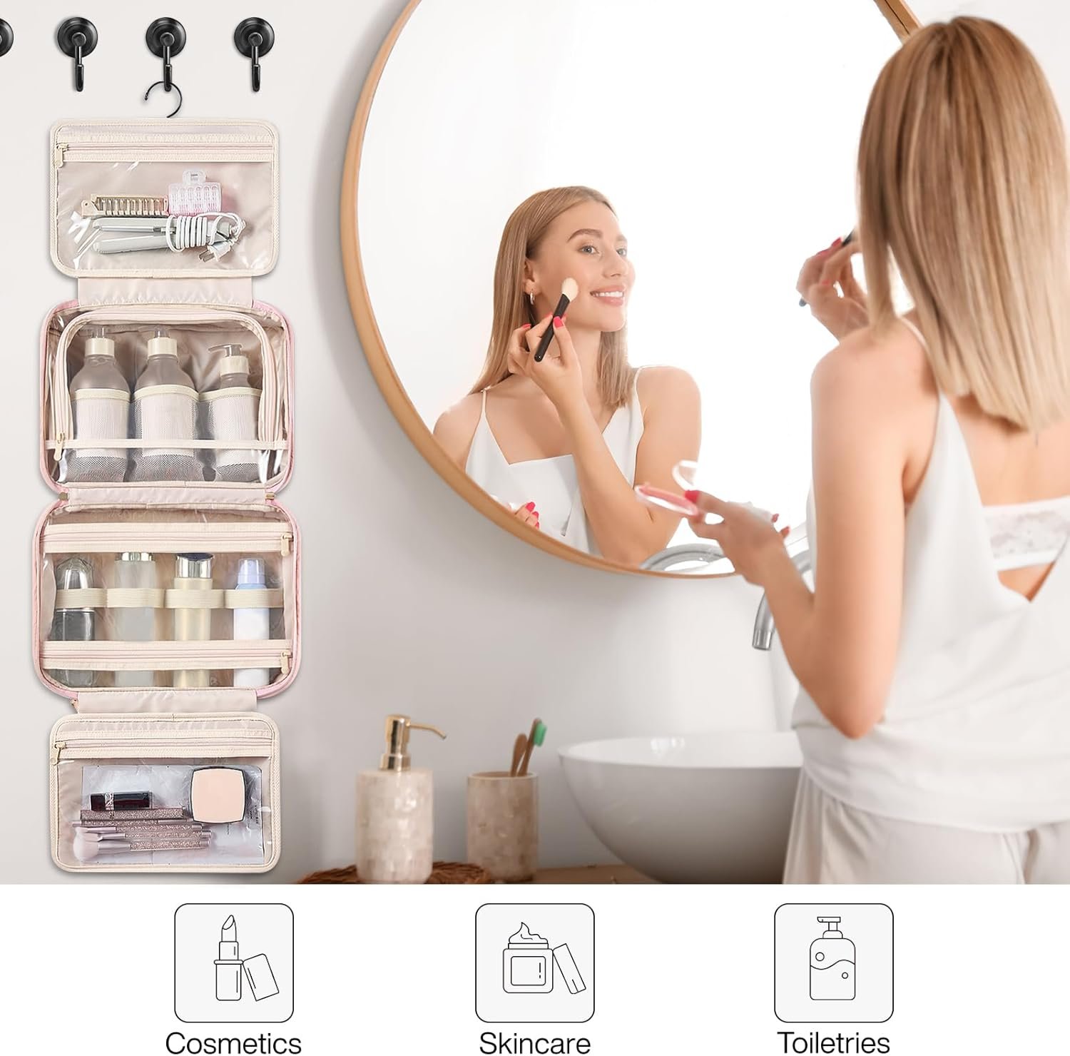 Hanke Hanging Travel Toiletry Bag for Women with Jewelry Organizer Compartment, Travel Essentials Toiletries and Makeup Bag, Water-Resistant & Stain-Resistant with Trolley Strap (Pink) - Image 9