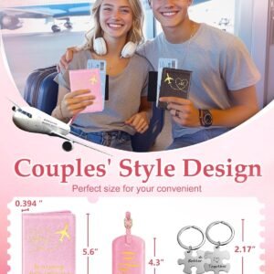 Slohif Mr. and Mrs. Passport Holder Lugguage Tag Set for Travel – Leather Passport Book Personalized Organizer Card Protector Sleeve Suitcase Cover Wallet Case Essentials Slim Carrier Pink Black