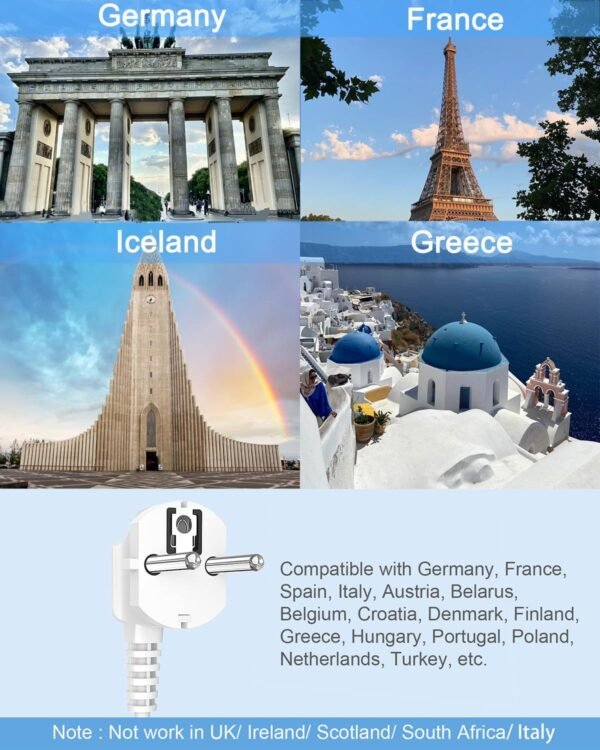 European Travel Plug Adapter with USB, WRXDMC Adapters for Travel Europe, US to Europe International Power Adapter Travel Essentials with 6 Outlets 3 USB for EU Spain France Germany Iceland Greece - Image 6