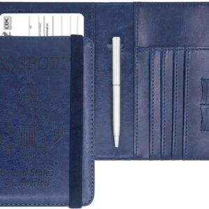 Passport Holder Leather Rfid Blocking Passport Id Organizer Cover Wallet Case with Vaccine Card Holder Combo CDC Vaccination Protectors Book for Men Women (Navy Blue)