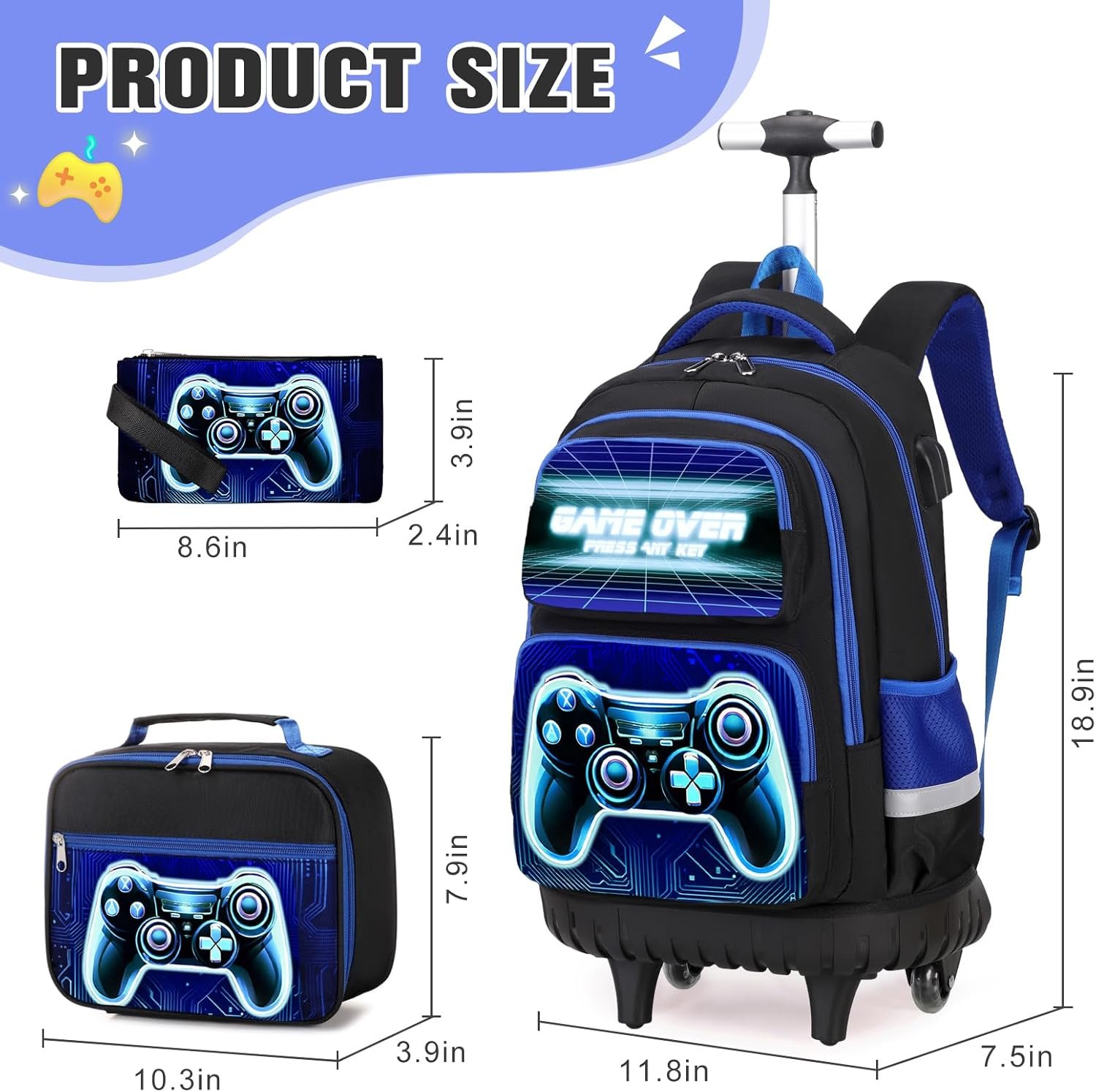 Bevalsa Rolling Backpack for Boys, 3PCS Gamer Roller School Backpacks with Lunch Box & Pen Case, Kids Bookbag Schoolbag with Wheels for Teen Boy Kindergarten Elementary Middle School - Image 2